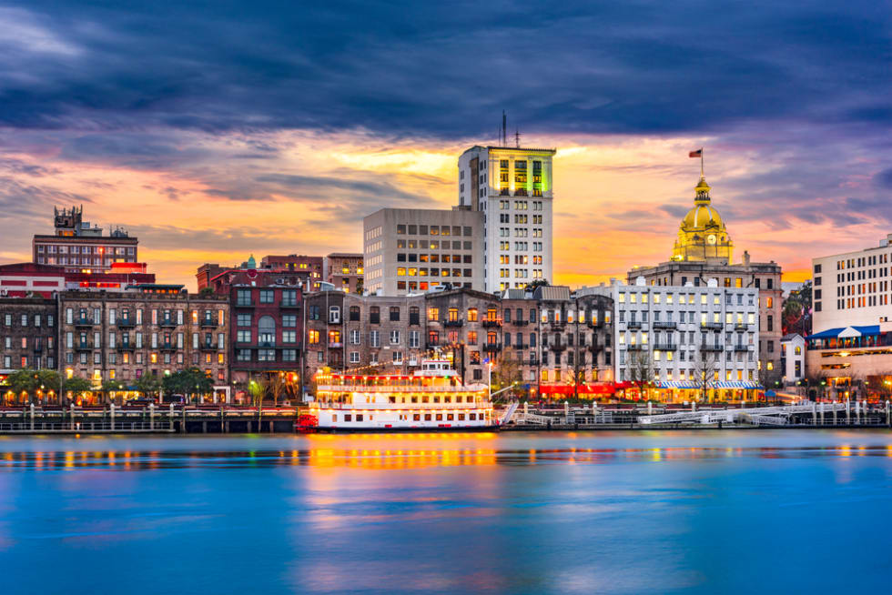  Savannah, Georgia, USA skyline on the Savannah River at dusk.