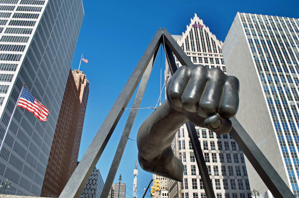 Monument to Joe Louis, "The Fist", in Hart Plaza Downtown Detroit, Downtown Detroit, Michigan USA