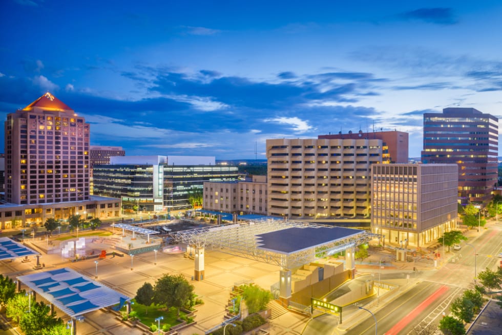 Albuquerque, New Mexico, USA downtown plaza and cityscape at twilight.