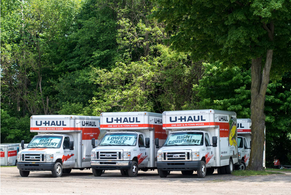 Buchanan Michigan USA, June 11 2019 ;Rows of u-haul trucks are ready to be rented as people make moves across the USA