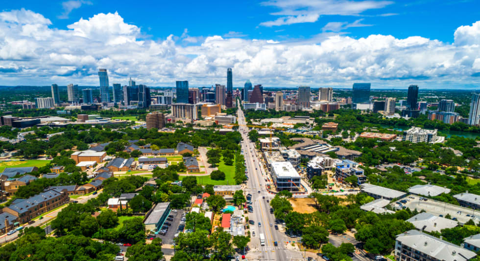 South congress avenue view down Main Street of Austin Texas USA skyline cityscape downtown aerial drone view over capital city in central Texas