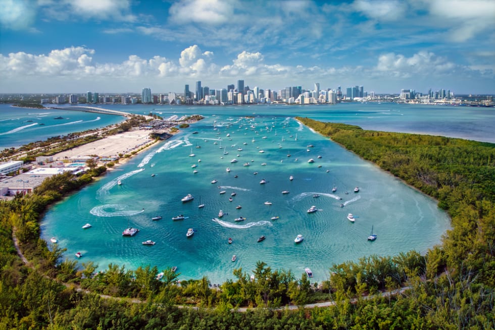 Aerial View of Biscayne Bay and Miami Skyline from Virginia Key