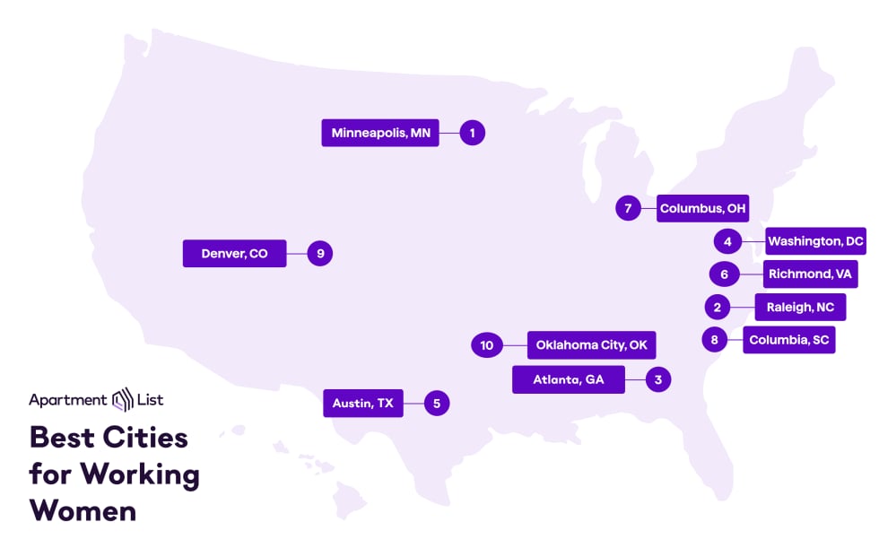 Best Cities for Working Women map