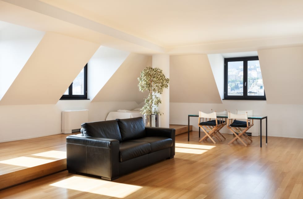  Interior, beautiful loft, hardwood floor, view living room