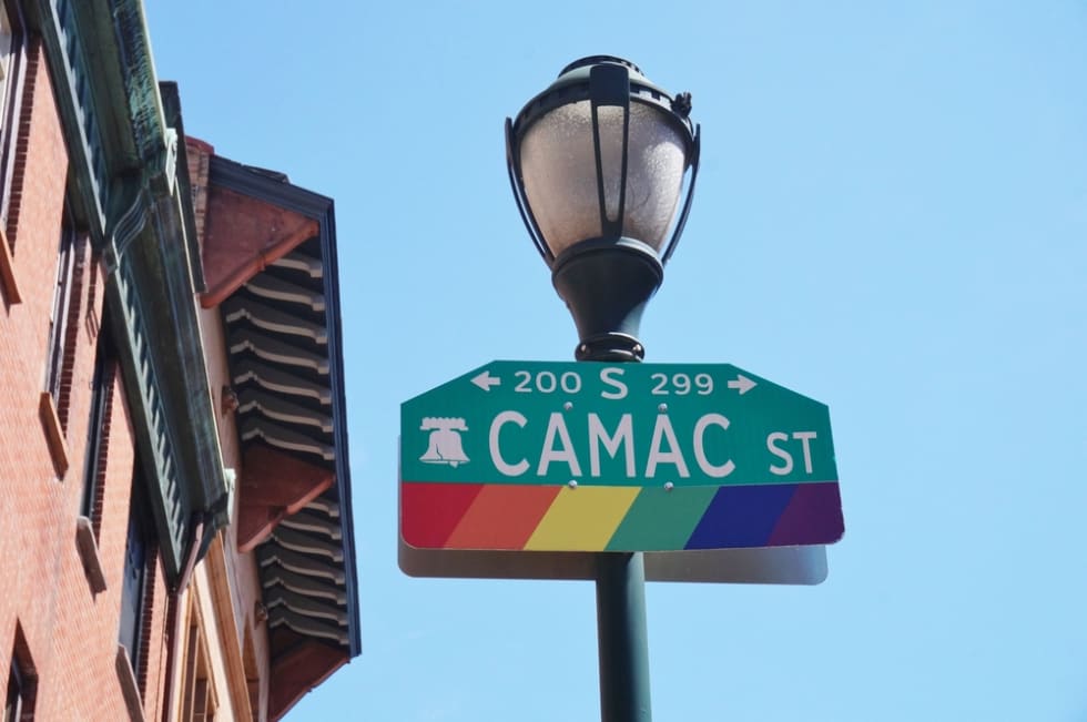 Washington Square West in Philadelphia, a trendy neighborhood with LGBT friendly establishments and rainbow flags in the streets