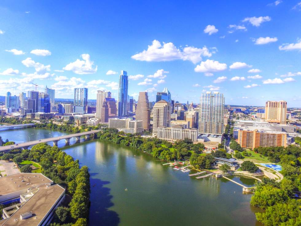 Downtown Austin Texas Cityscape Skyline Aerial View with Congress Bridge on Ladybird Lake Tourism Buildings Landmark