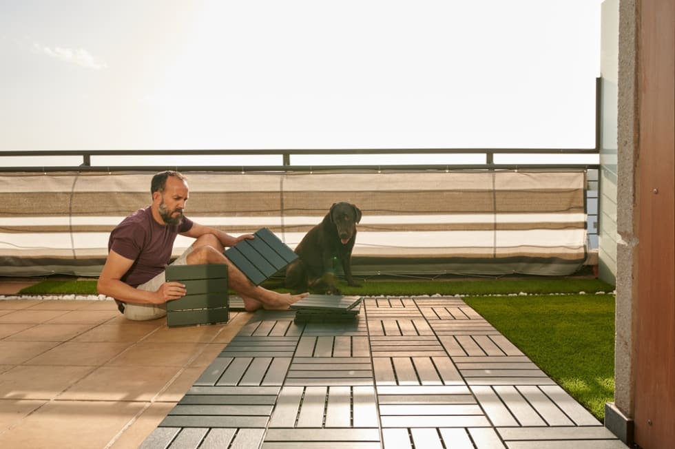 middle-aged man setting up an artificial floor on his terrace with his Labrador retriever sitting next to him