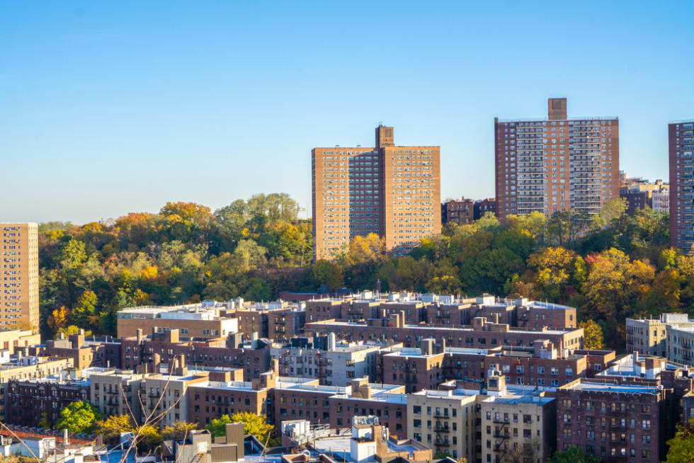  Apartment complex buildings of Inwood neighborhood of north Manhattan