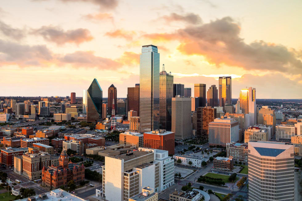  Dallas, Texas cityscape with blue sky at sunset, Texas