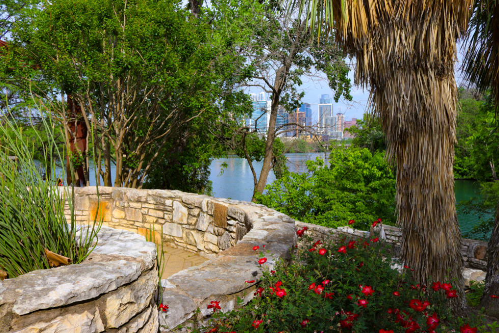 Austin Texas skyline view from Zilker Park. A walking and biking trail along Lady Bird Lake. 