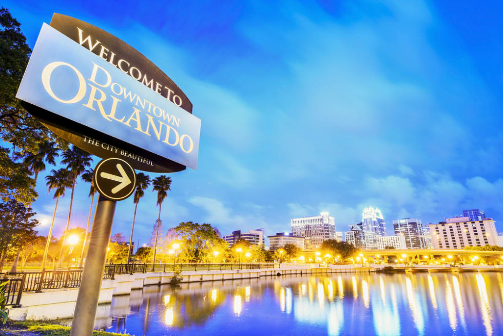  Downtown Orlando. City skyline. Located in Lake Eola Park, Orlando, Florida, USA.