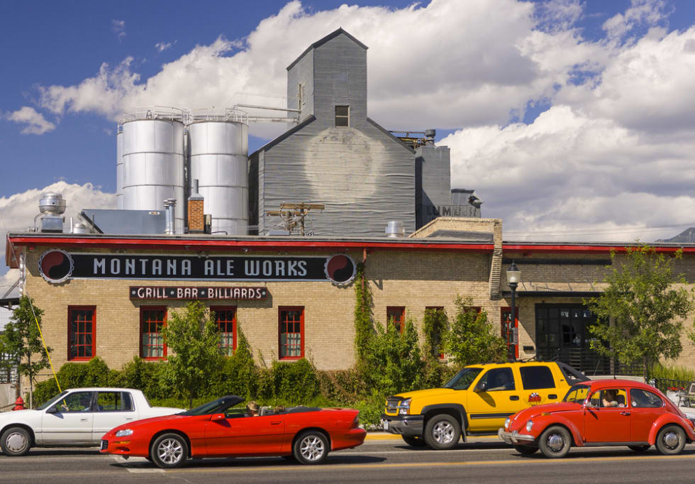 Montana Ale Works microbrewery, with grain elevators at rear.