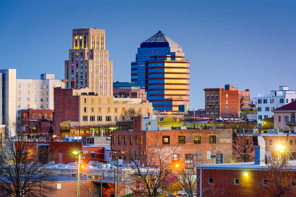  Durham, North Carolina, USA downtown skyline.