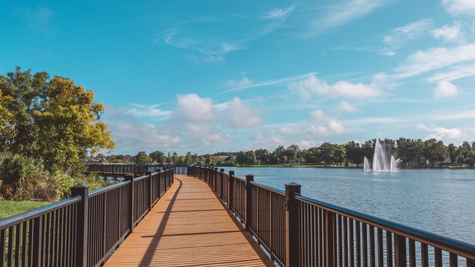 City of Casselberry boardwalk on Lake Concord quiet space on a bright sunny day - cheapest places to live in florida