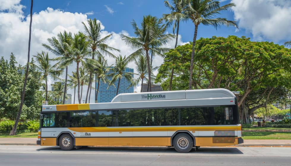 The Honolulu Bus stops to board tourists and residents in Waikiki.
