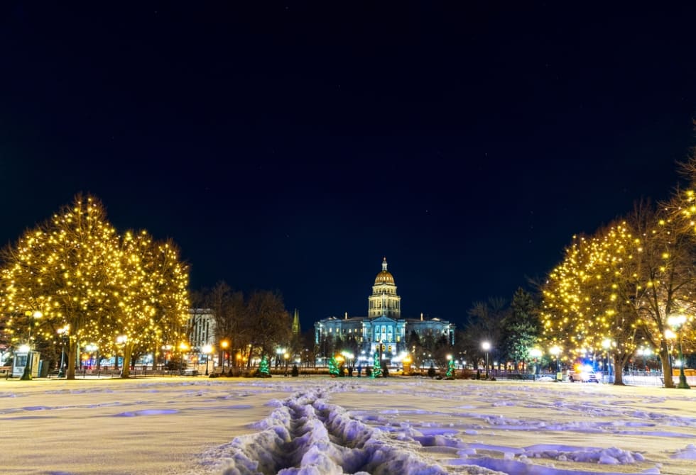 Civic Center Park and Colorado State Capitol during a winters night. Denver, Colorado