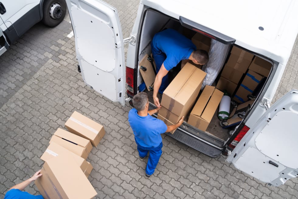  Open Truck Delivery. Mover Men Moving Boxes