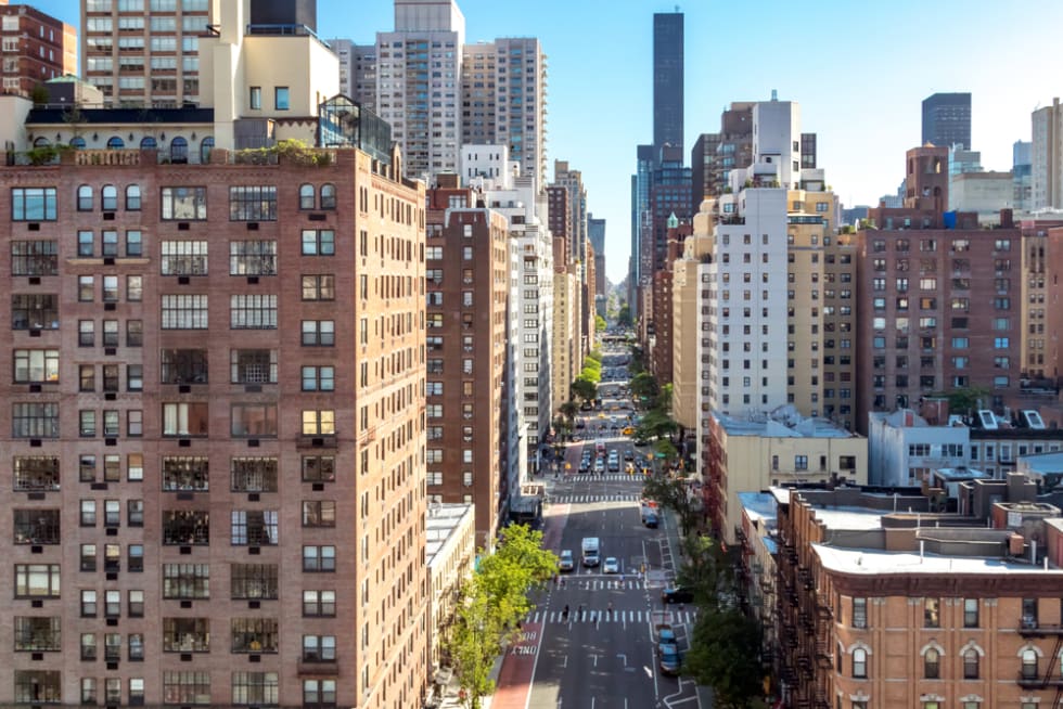 Overhead view of a busy street scene on 1st Avenue in Manhattan New York City