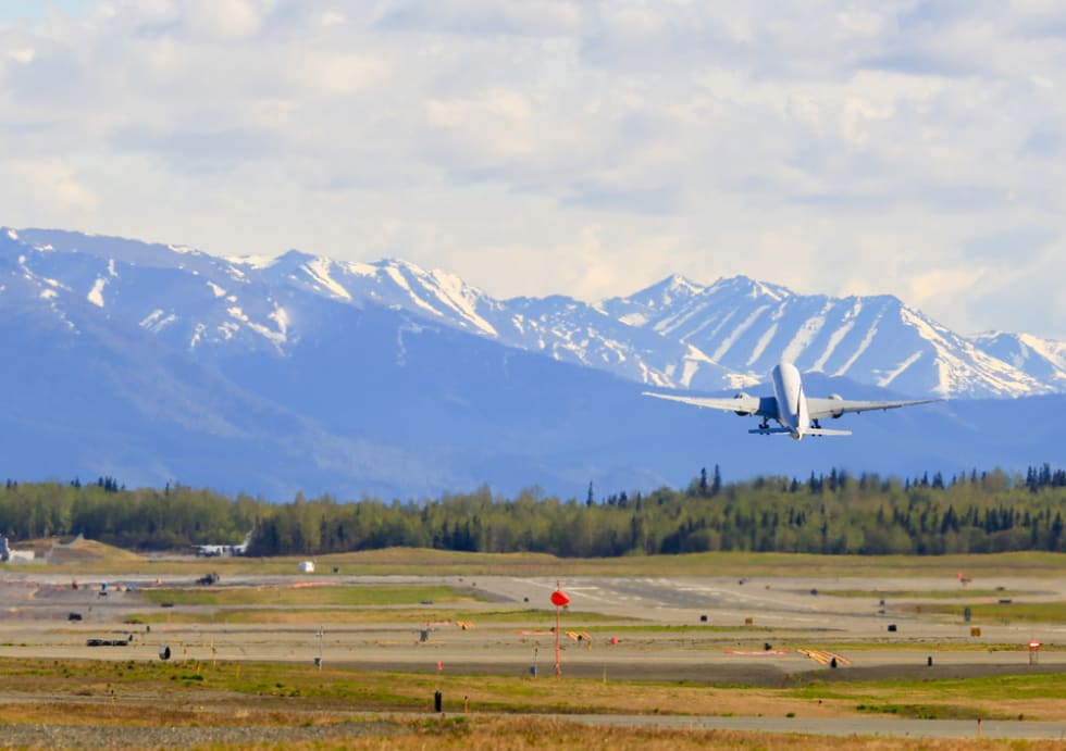 An aircraft takeoff on the Ted Stevens International Airport in Anchorage.