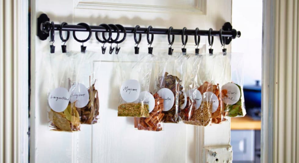 Spice storage using IKEA railing and curtain hooks