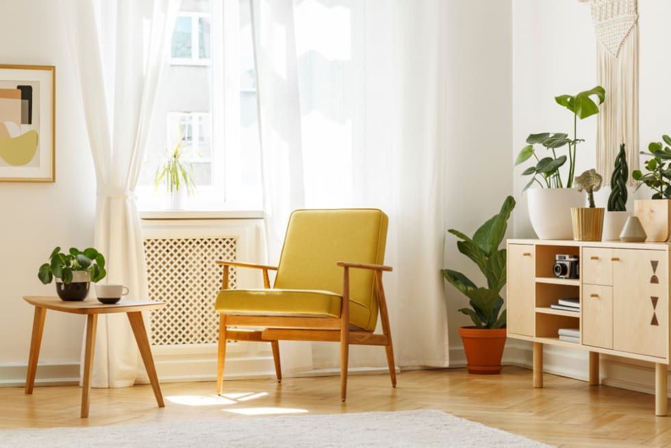 Real photo of a retro armchair, coffee table and cabinet in a living room interior decorated with plants