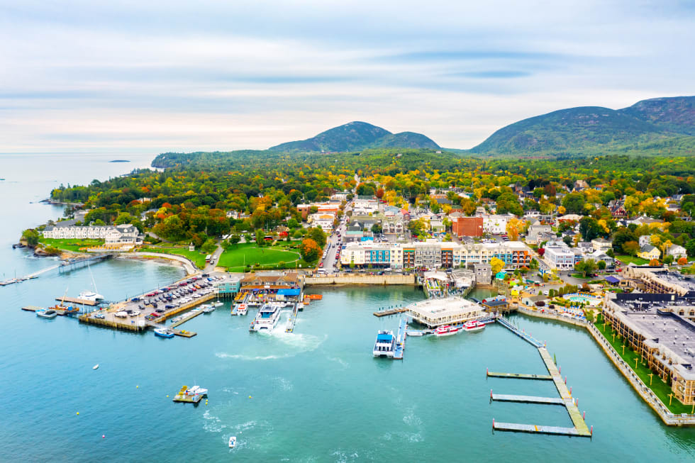 Aerial view of Bar Harbor, Maine, maine housing costs, cost of living in maine