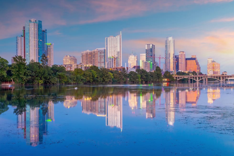  Austin city downtown skyline cityscape of Texas USA at sunset