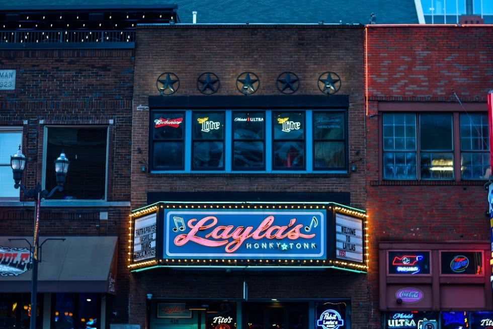 Front of Layla's Honky-Tonk on Broadway Street in Nashville, TN