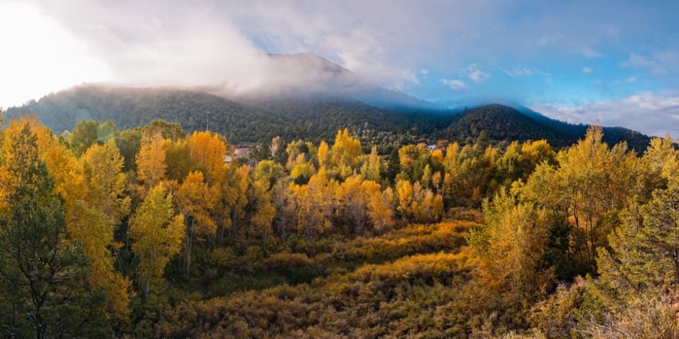 Early Morning Panorama of Changing Aspens and Picacho Peak - Twomile Reservoir - Santa Fe New Mexico