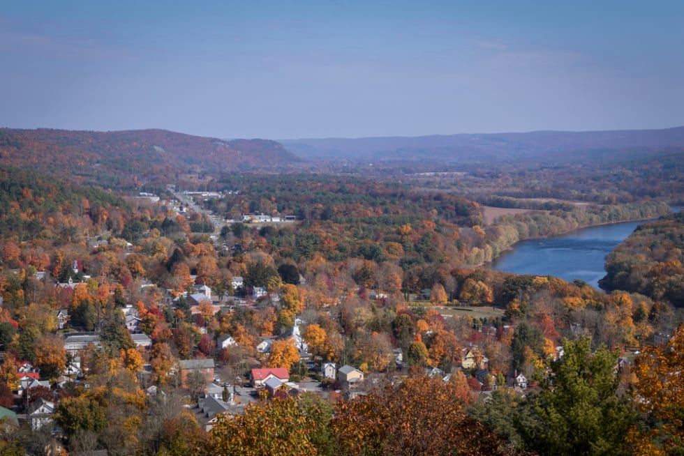 Milford, PA, and the Delaware River from scenic overlook on a sunny fall day