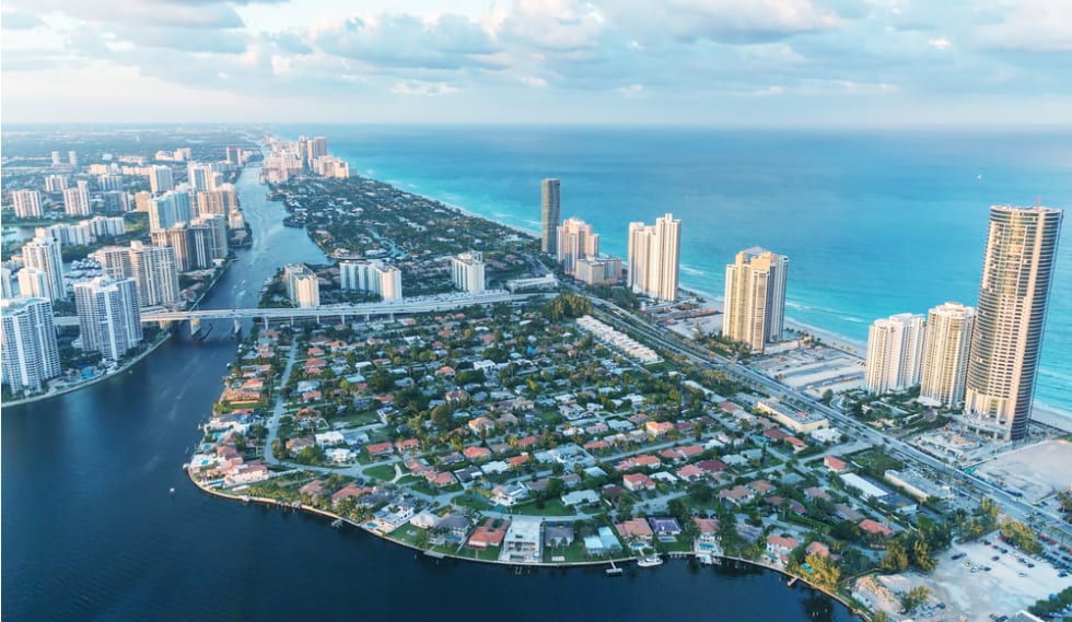 Wonderful skyline of Miami at sunset, aerial view.