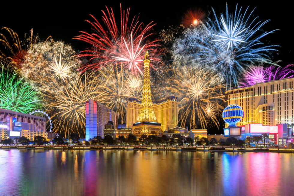 New Year celebration fireworks on Las Vegas strip on January 4, 2020 in Las Vegas, Nevada. The Las Vegas is home to the largest hotels and casinos in the world.