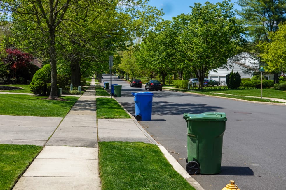 View of a residential tree lined street with green and blue trash bins lined up along the curb for trash truck collection.