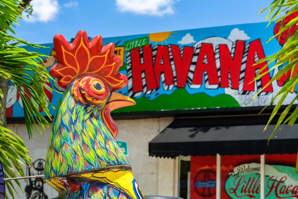 Colorful artwork on display along the popular Calle Ocho in historic Little Havana, Miami, FL