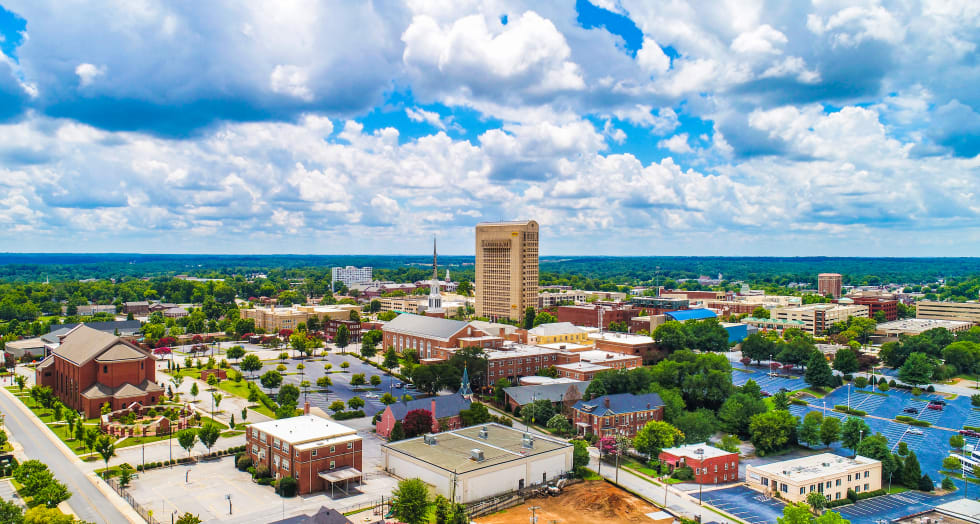 Drone Aerial of Downtown Spartanburg South Carolina SC Skyline - best places to live in south carolina - apartment list