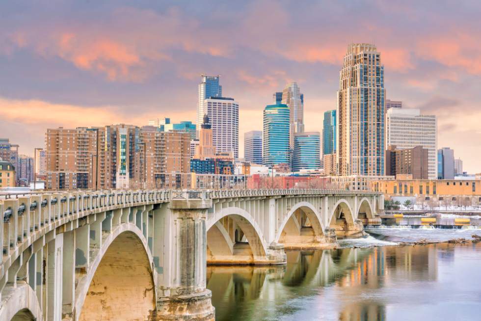 Minneapolis downtown skyline in Minnesota, USA at sunset