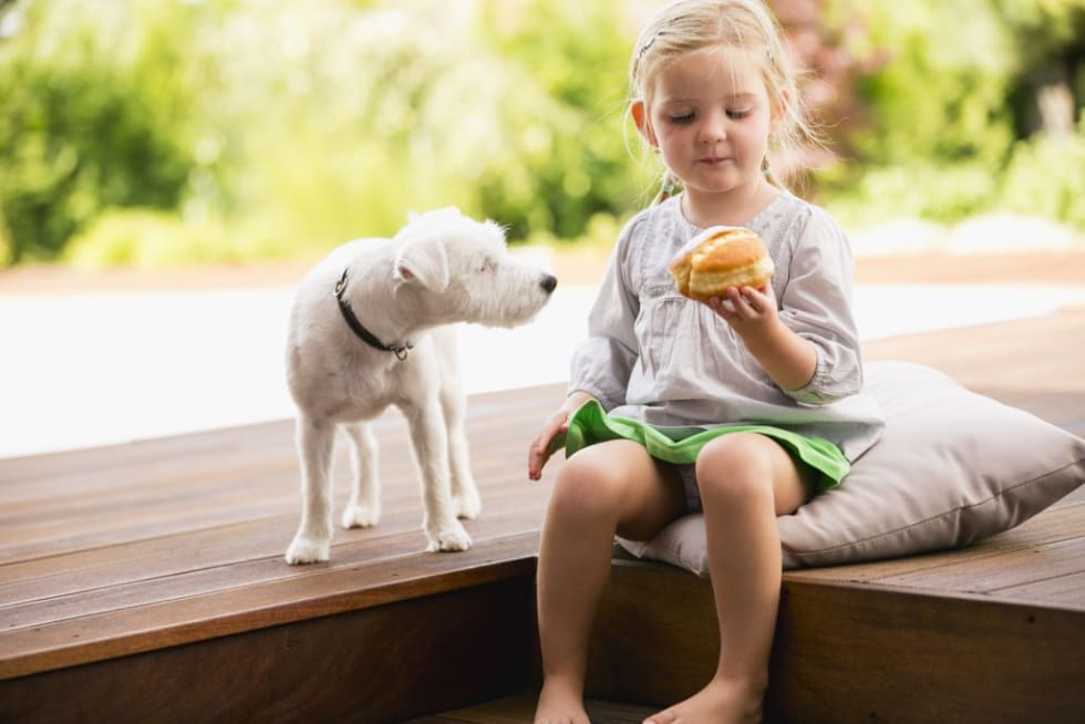 a little girl eating a doughnut