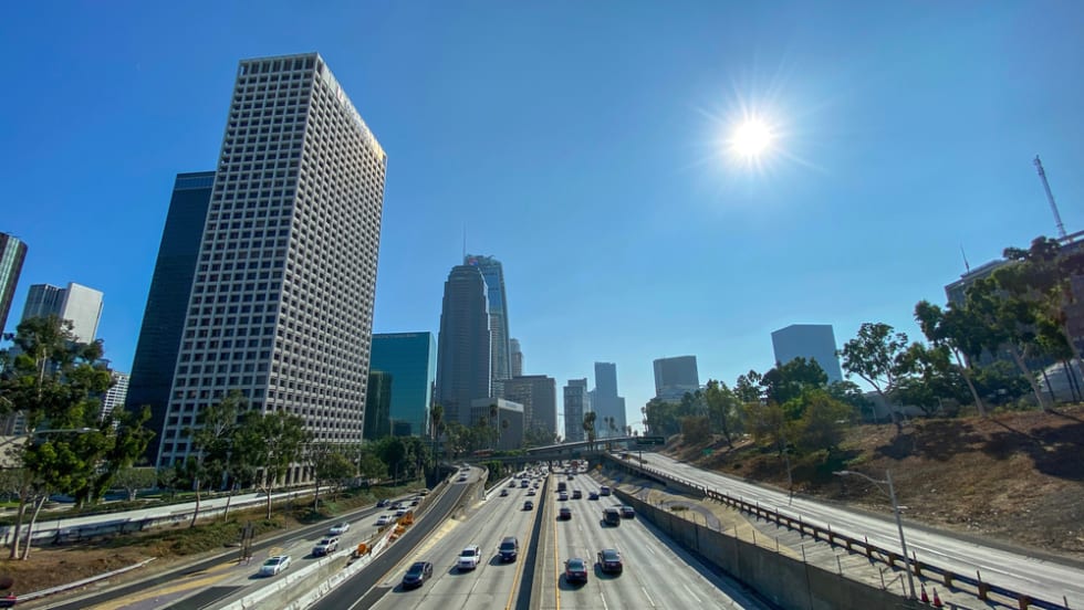  Downtown city skyline with skyscrapers and tall buildings in Los Angeles