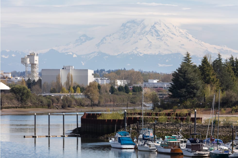Mount Rainier seen over the Duwamish River in the South Park neighborhood of Seattle