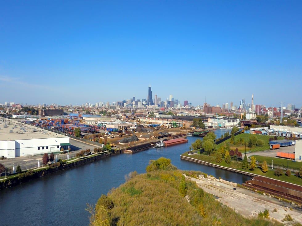 Distant Chicago city skyline with industrial foreground - landscape color photo