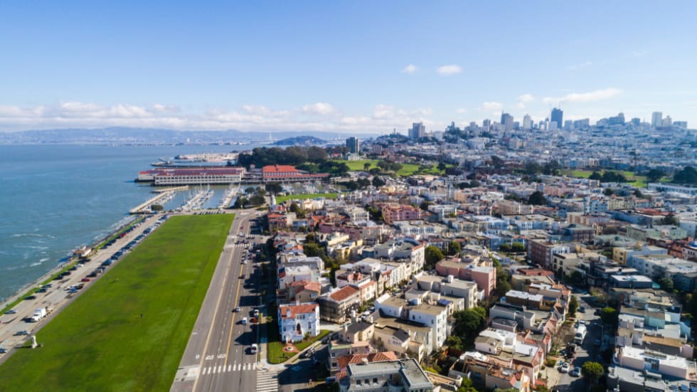  Sunny Aerial View of Marina District in San Francisco