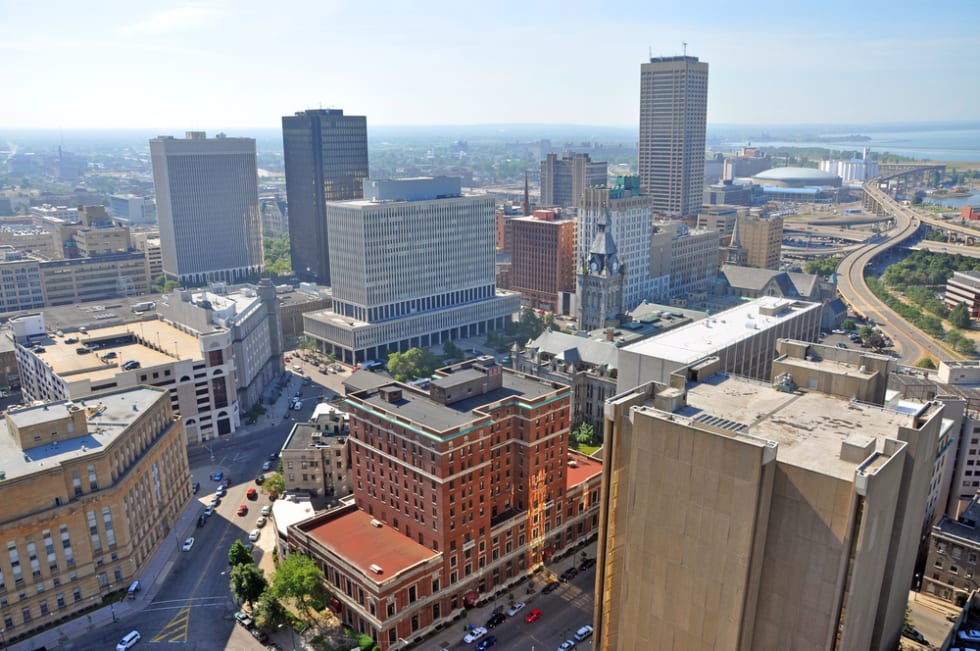  Buffalo City aerial view from the top of the City Hall in downtown Buffalo, New York, USA.
