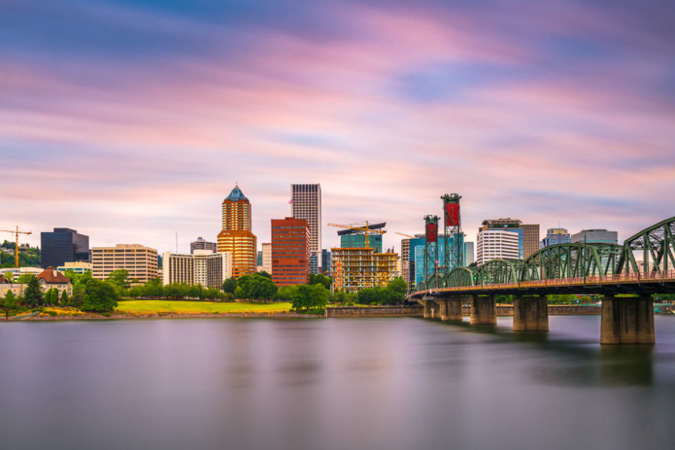Portland, Oregon, USA skyline at dusk on the Willamette River