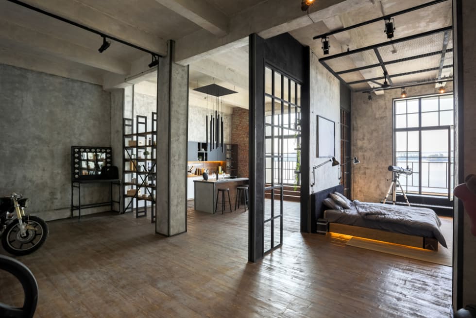luxury studio apartment with a free layout in a loft style in dark colors