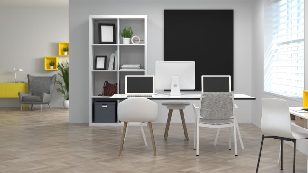 co working environments interior decoration Model Home office Meeting rooms have computers and notebooks.
