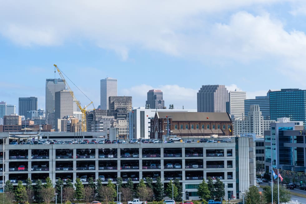 Aerial view of University Medical Center Parking Garage with downtown in background in New Orleans, LA