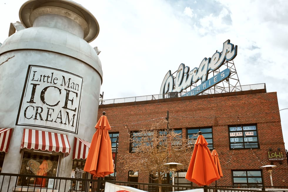 Exterior of Little Man Ice Cream in the LoHi neighborhood of Downtown Denver. Lower Highlands