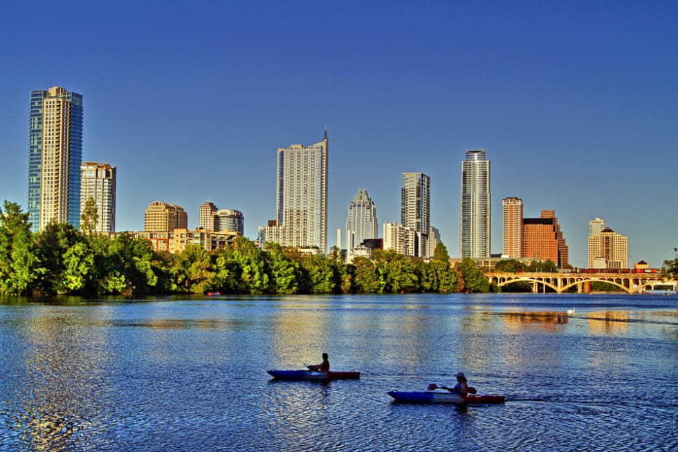 Beautiful Austin skyline reflection on Lady Bird Lake