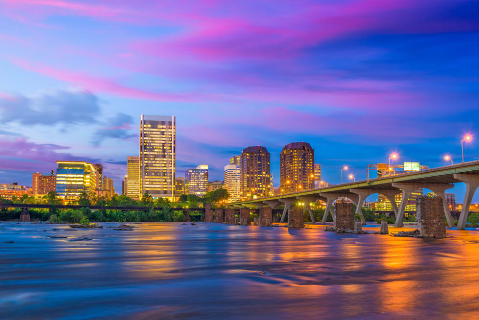 Richmond, Virginia, USA downtown skyline on the James River