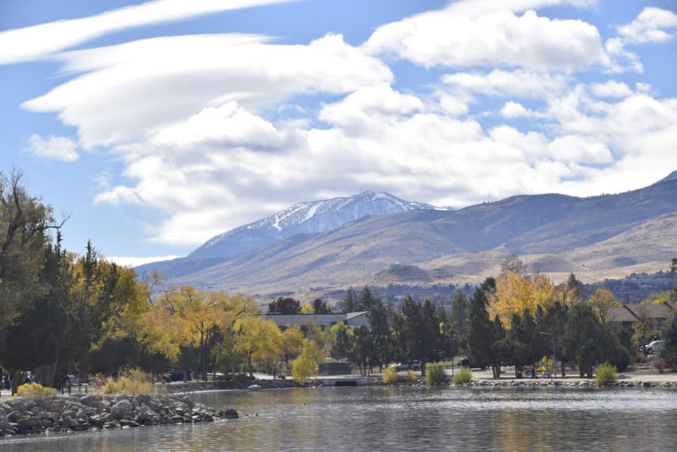  Fall image at Virginia Lake in Reno Nevada in October with Mt Rose in the background with snow.